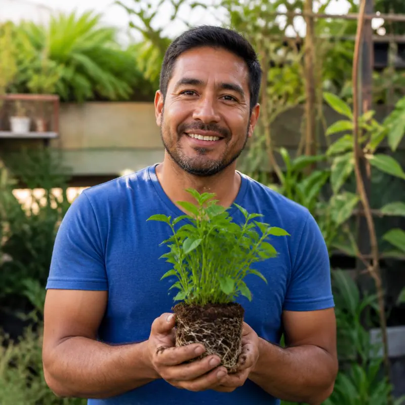 Jardinero profesional sonriendo con planta sana